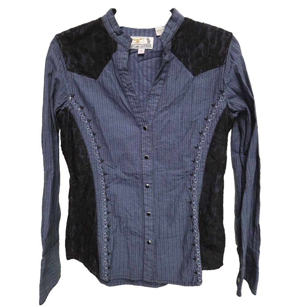 VTG Panhandle Slim Retro Western Shirt Navy Black Snap Button Lace Medium Cotton